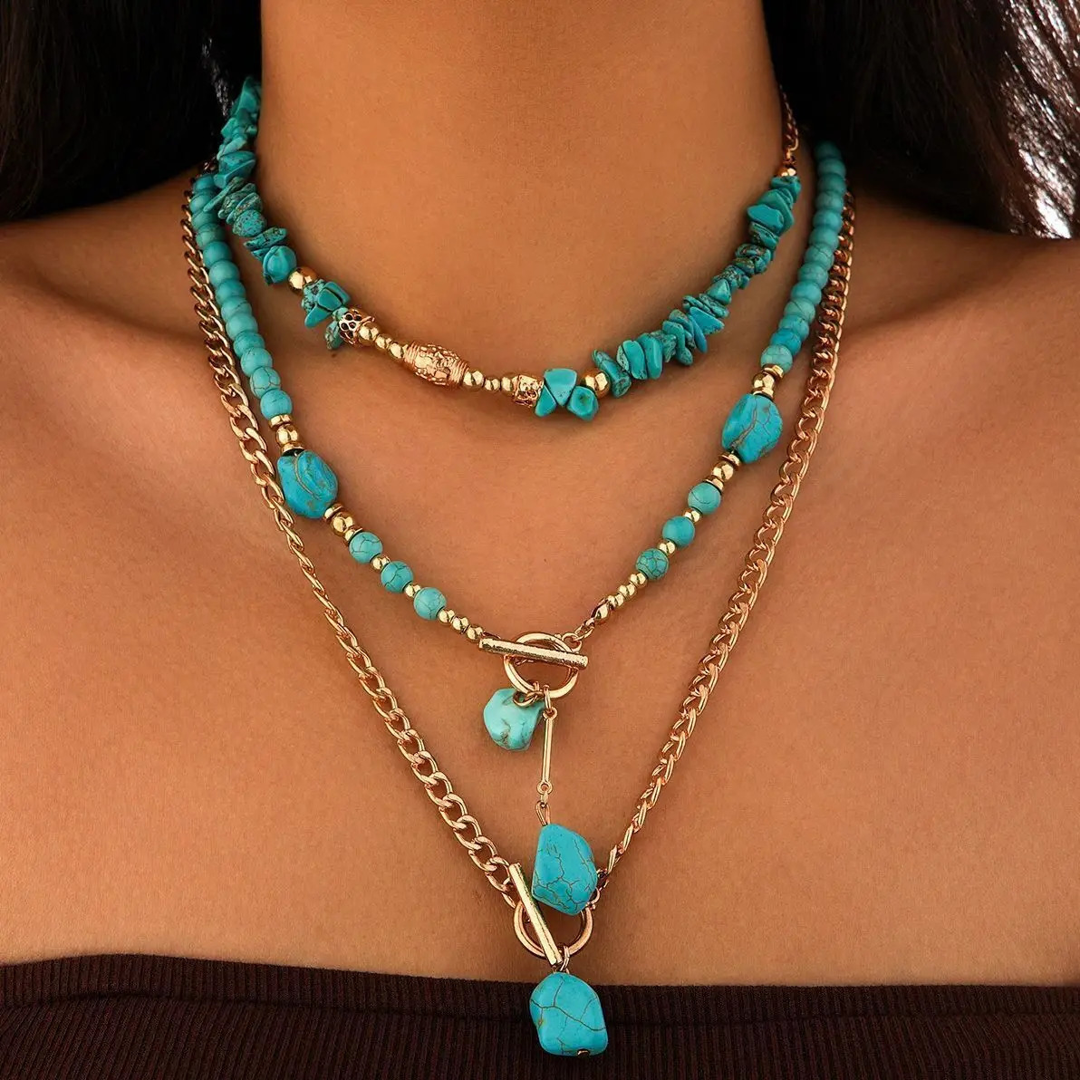 KunJoe 3Pcs Retro Blue Natural Stone Bead Necklace Bohemian Womens Geometric Pendant Necklace Fashion Necklace Jewelry 241017