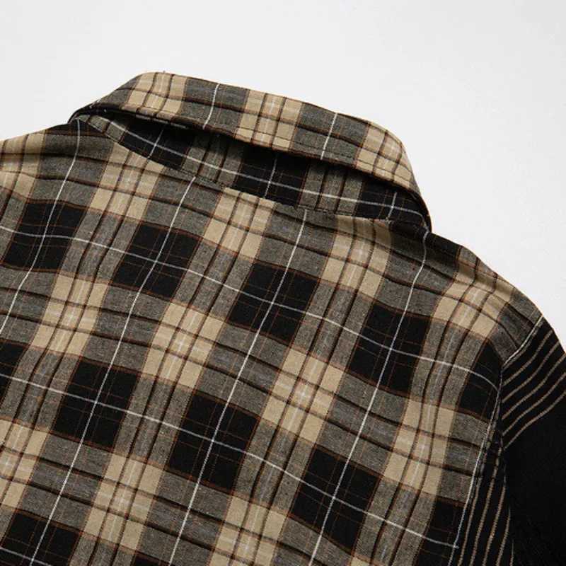 Hip Hop Men Plaid Shirt Streetwear Patchwork Button Up Long Sleeve Cotton Shirt 2024 Summer Harajuku Vintage Casual Loose Shirts LX241017