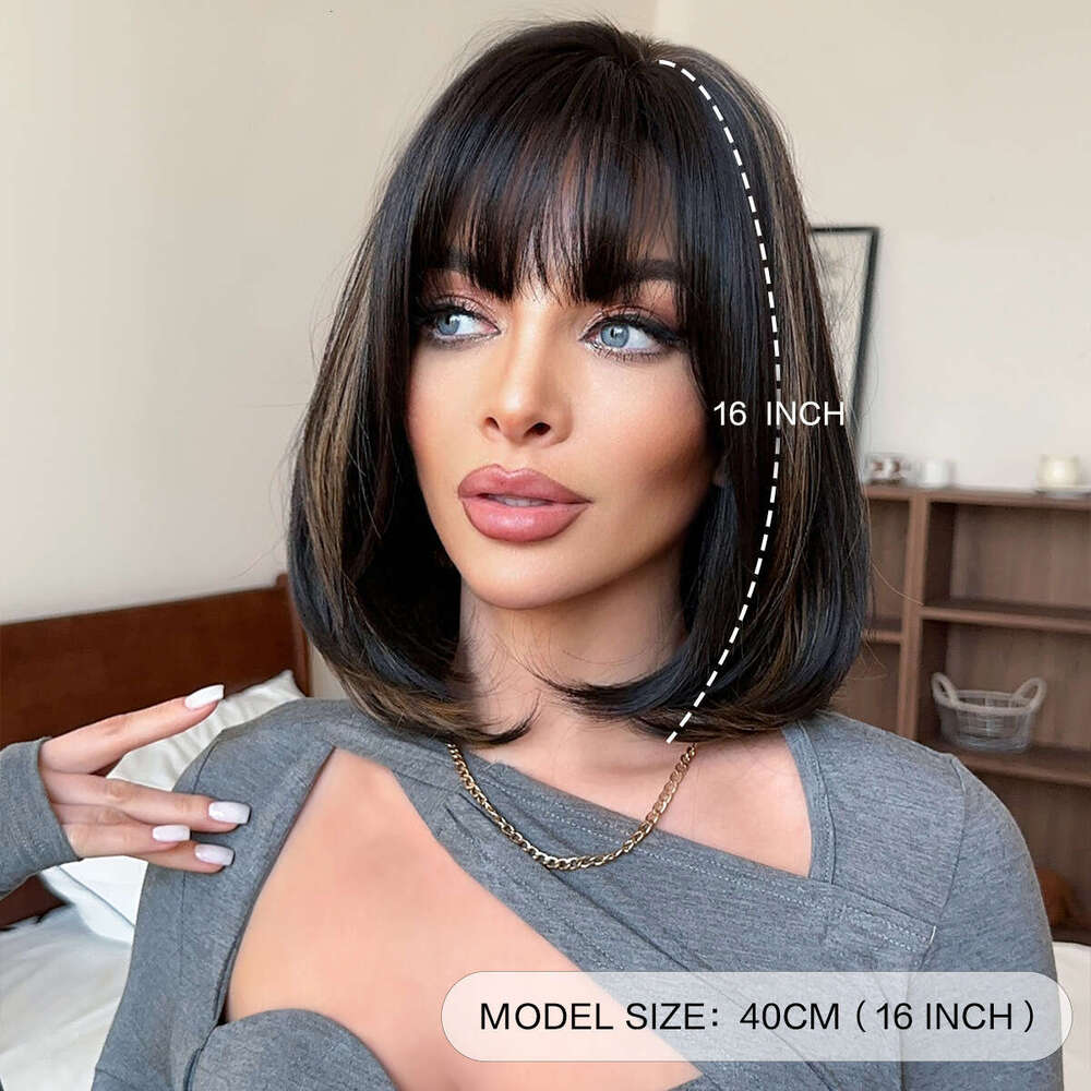 Women's Shoulder Length Bob Short Straight Hair Black Gold Spot Dyed Inner Button Layered Wig Full Head Set