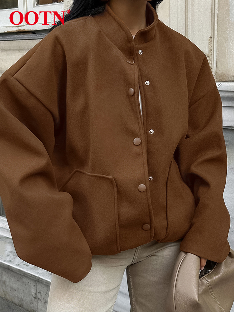 OO Vintage Brown Baseball Jackets Oversize Street Style Pockets Long Sleeves Outwear Tops Autumn Winter 2024 Woolen Warm Coats