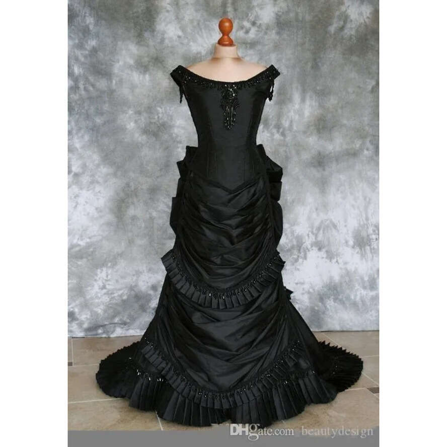 Wedding Gothic Beaded Victorian With Train Vampire Ball Masquerade Halloween Black Bridal Dress Steampunk Goth Th Century
