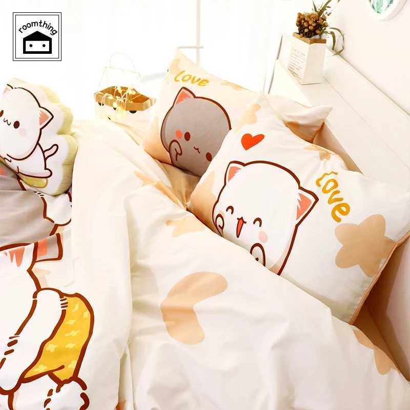 3Pcs Set Kawaii Cat Bed Sheet Bedding Set Soft Comforter Cover Twin Full Queen Size For Girls Bed Sheets and PillowcasesXJ241015