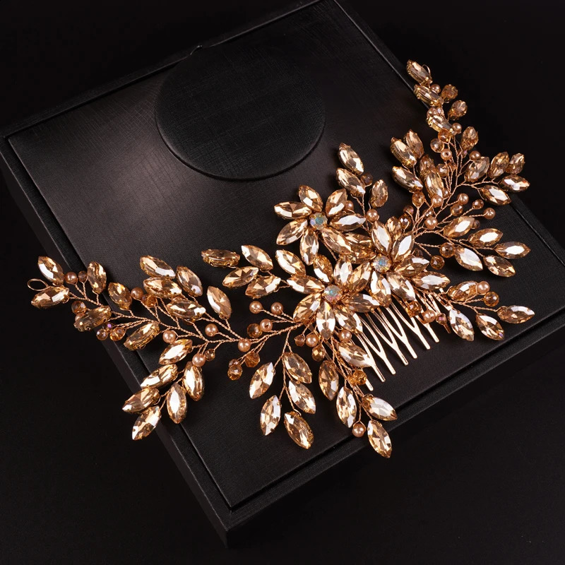 Bride Women Large Crystal Wedding Hair Comb Champagne Bridal Side Comb Full Rhinestone Hair Accessorie for Women and Girls 241007