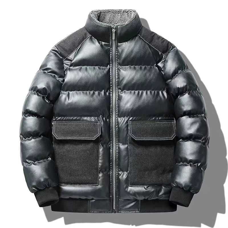 High quality brand autumn jacket mens leather jacket thick windproof Parka large pocket stand up collar warm solid fluffy jacket X241017