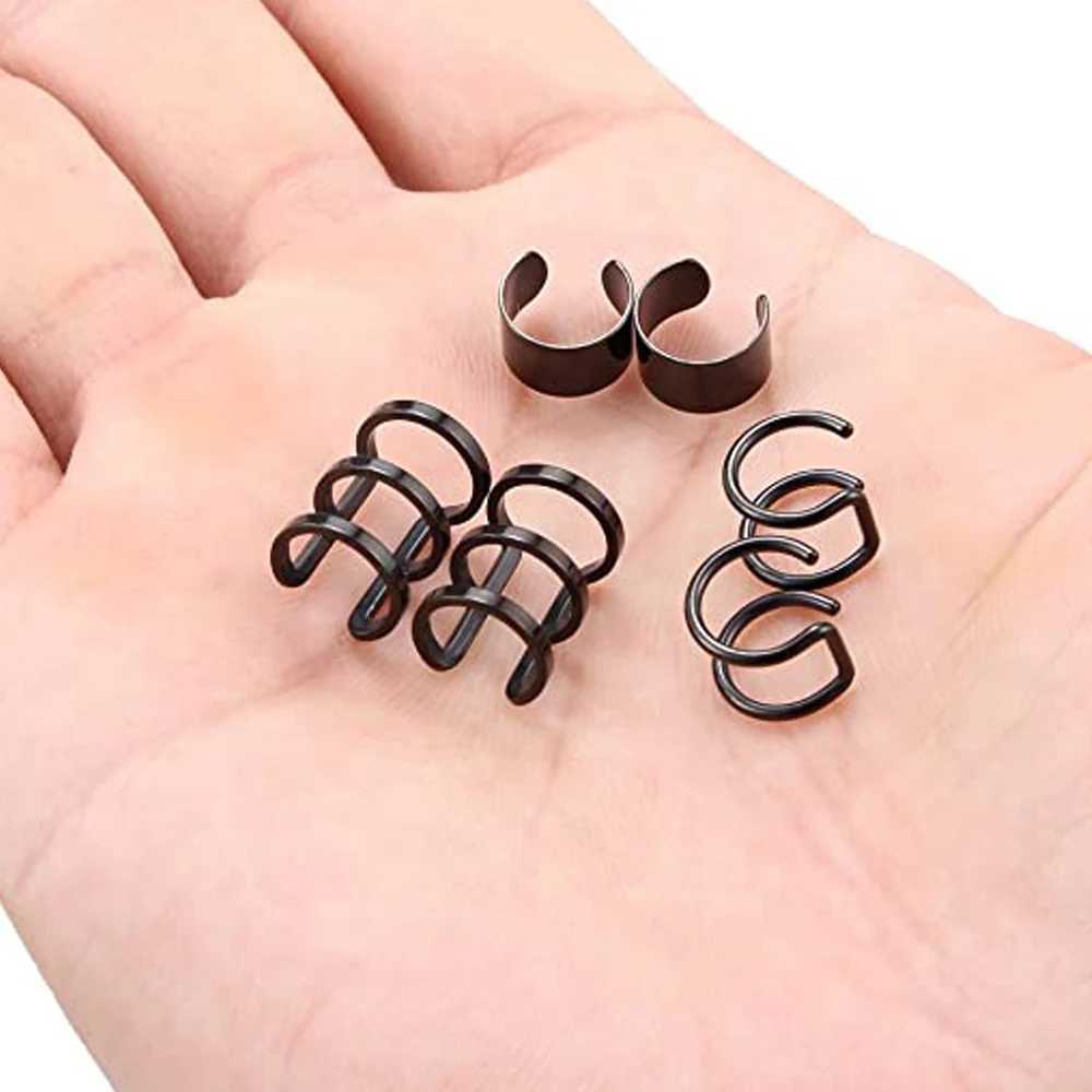 2-6-piece stainless steel ear sleeves non perforated faux black clip on boxed earring set womens and mens styles W241017