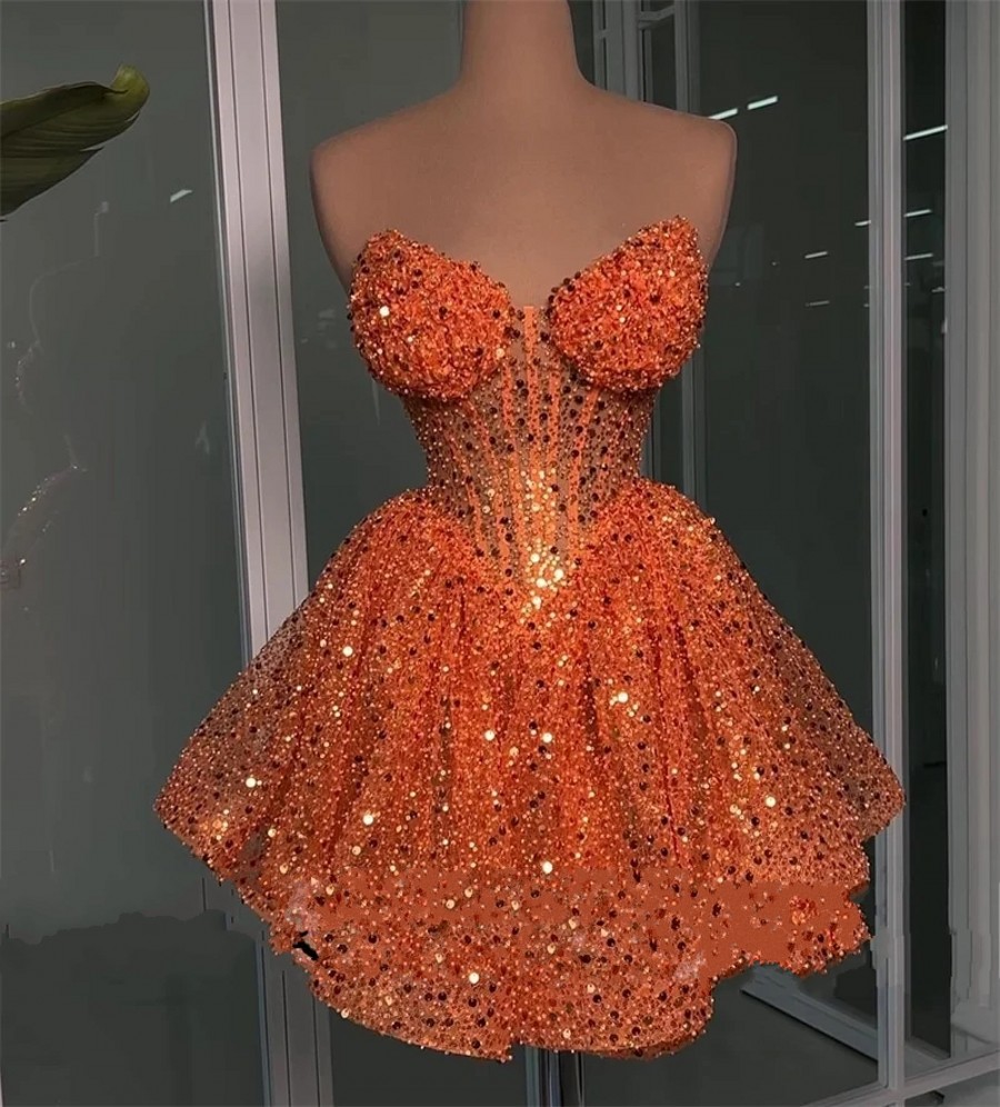 Orange Glitter Short Prom Dresses Beads Sequins Pearls Women Homecoming Birthday Party Gowns Robe De Soiree