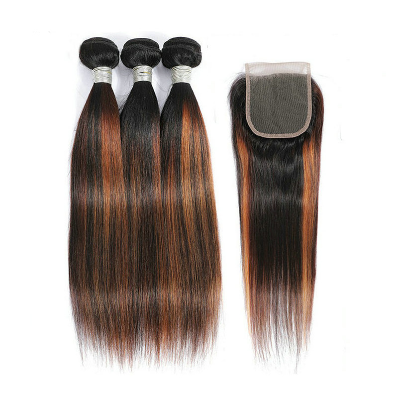 Yirubeauty Indian Raw Virgin Human Hair 3 Bundles With 4X4 Lace Closure Free Part Straight 1B/30 Piano Color 4 Pcs/lot