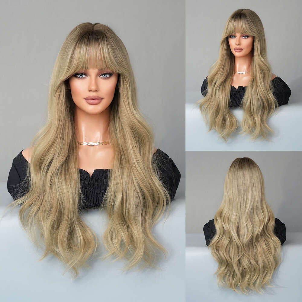 Women's Milk Tea, Blonde Hair, Big Waves, Bangs, Synthetic Wig, Full Head Cover, Ombre Wavy Wig