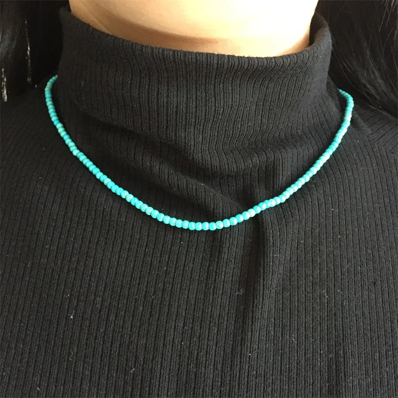 3MM 4MM Facial Turquoise Necklace Gemstone Natural Stone Beads Kaolin Womens Unique Retro BOHO Adjustable 241017