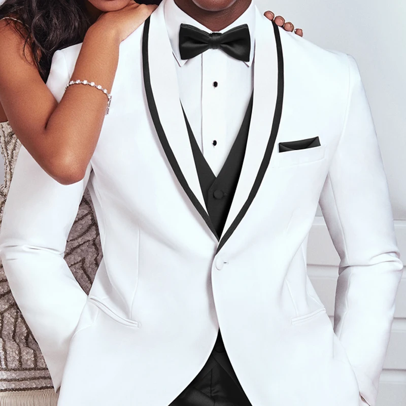 Wedding Tuxedo For Groom Slim Fit Men Suits White and Black Male Fashion Costume 3 Piece Smoking Jacket With Pants Vest 2025