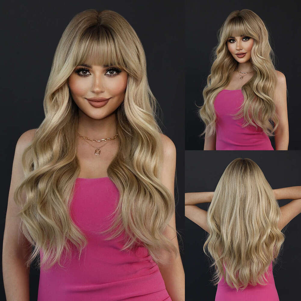 Women's Milk Tea, Blonde Hair, Big Waves, Bangs, Synthetic Wig, Full Head Cover, Ombre Wavy Wig