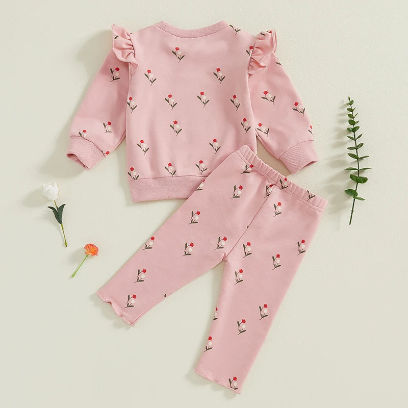 Toddler Girl Ruffle Sleeve Top and Floral Leggings Set Long Crew Neck Sweatshirt with Elastic Waist Pants 2piece Outfit 241017