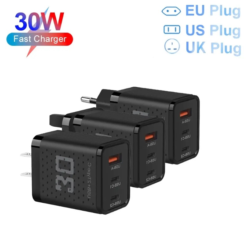 3Ports USB C Charger Fast Charging Wall Charger 30W Type C Power Adapter + 2USB A Wall Plug For iPhone Samsung Xiaomi Huawei Mobile Phone Adapter