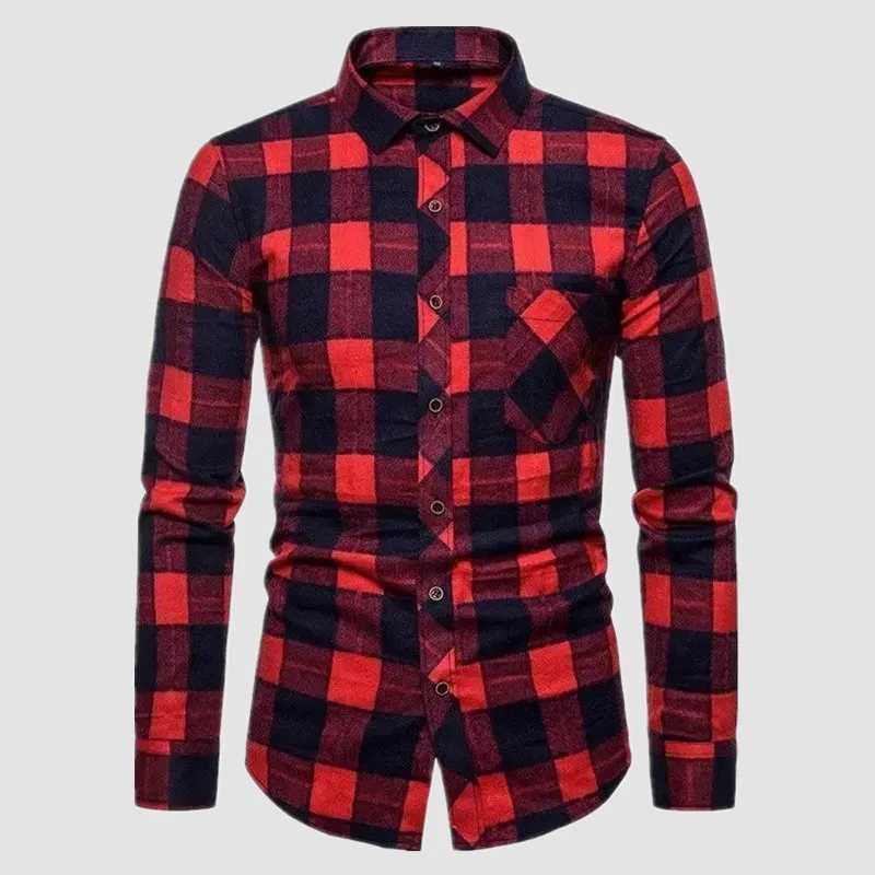 Fall Mens Long Sleeved Plaid Shirt Pockets Single Breasted Lapel Cotton Shirts LX241017