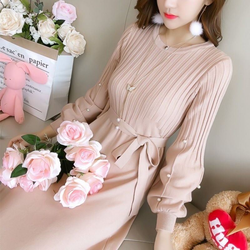autumn winter o-neck midi sweater dress women A-Line midi sweater dress with belt elegant a-line solid loose dress 220316