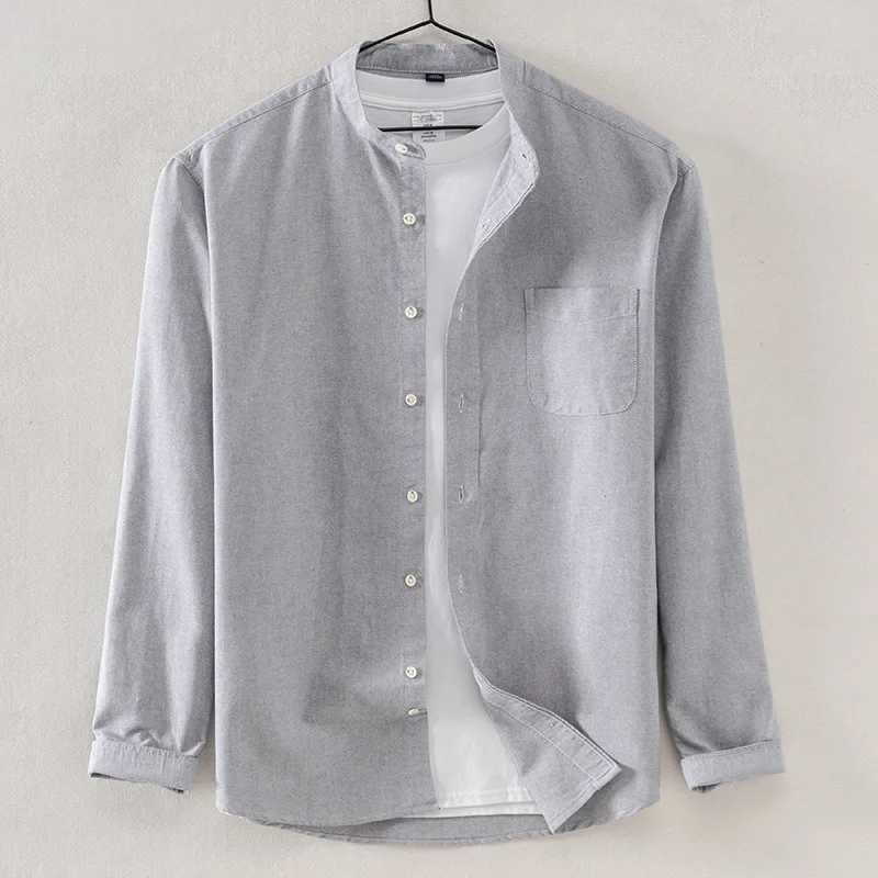New Autumn Cotton Oxford Mens Shirt Solid Color Long Sleeve Stand Collar Blouse Designer Clothes Spring Social Shirts for Men LX241017