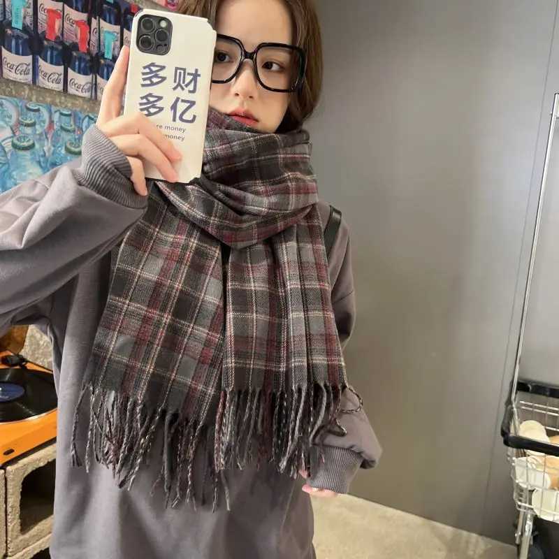 Autumn Wenxin plaid elegant scarf winter striped casual preparatory style girl scarf Cfort warm retro thick shawl X241017
