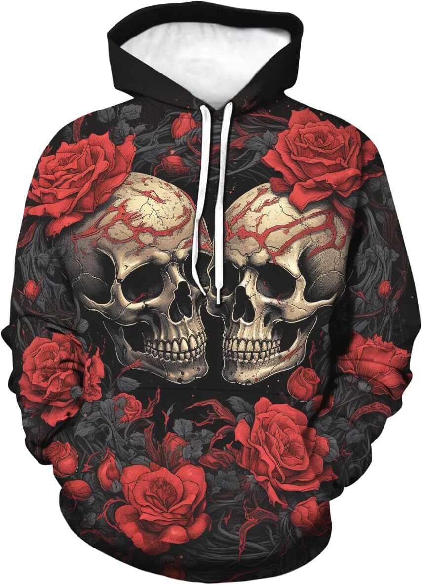 Hoodie for Mens Womens Mens Novelty Skull Graphic Hoodies Rose 3D Printed Sweatshirts Pocket Hooded Graphic Hoodies sweatshirt Pullover Long Sleeve co