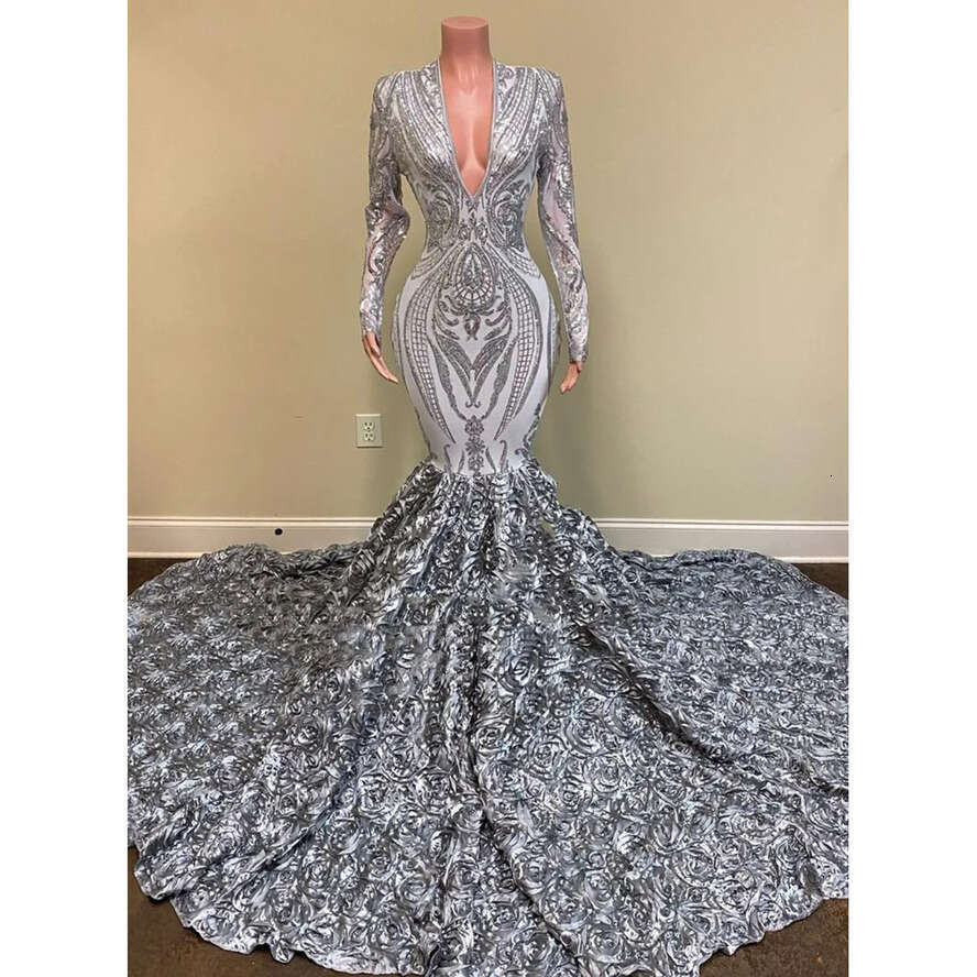 Long Sier African Girls Prom Dresses 2022 Mermaid V Neck Full Sleeve 3D Wers Train Women Formal Party Evening Gown Pro232