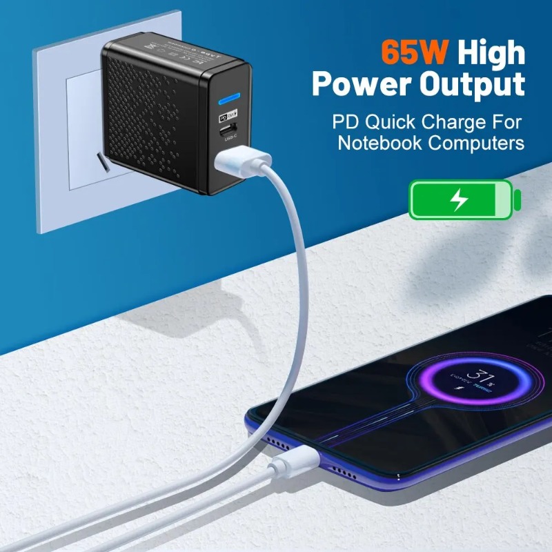 65W GaN Charger EU US UK Plug Adapter Laptop Fast Charging For iPhone Samsung USB Type C Quick Charger Mobile Phone USB Charger