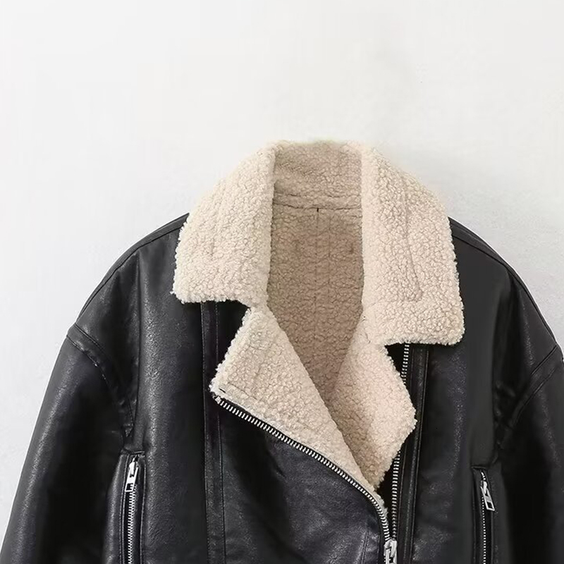 Women Leather Jacket Witer Warm Thick Pu Coat Inszartrafaf Outwear Black Long Sleeve Top Streetwear Fashion Chamarra De Cuero