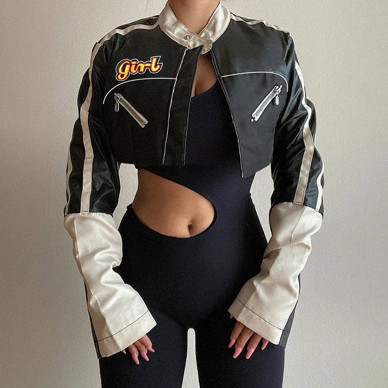 Womens crop bomber jacket synthetic leather long sleeved letter printed short baseball Jakcet streetwear womens fashion jacket 241017