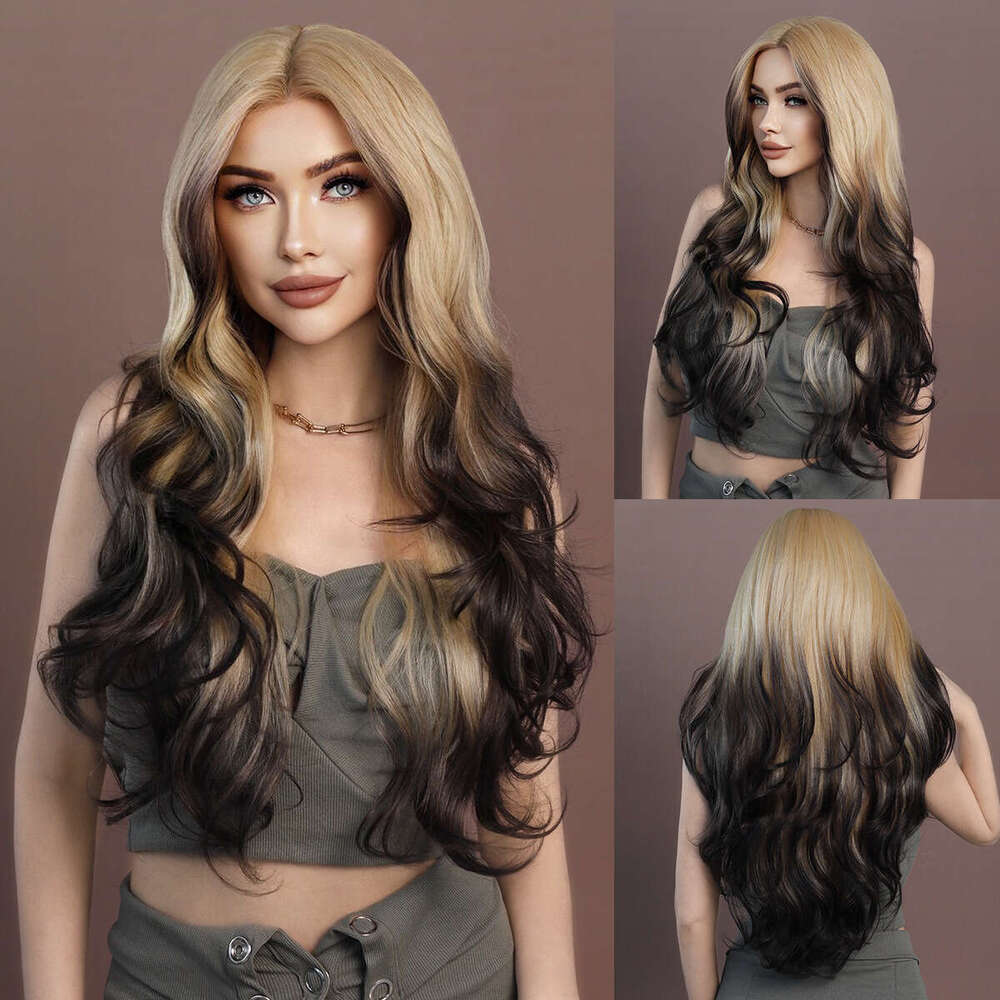 Siamese Cat Gold Gradient T-Shaped Lace Wig, Fashionable Synthetic Full Head Cover, Wavy Long Curly Hair