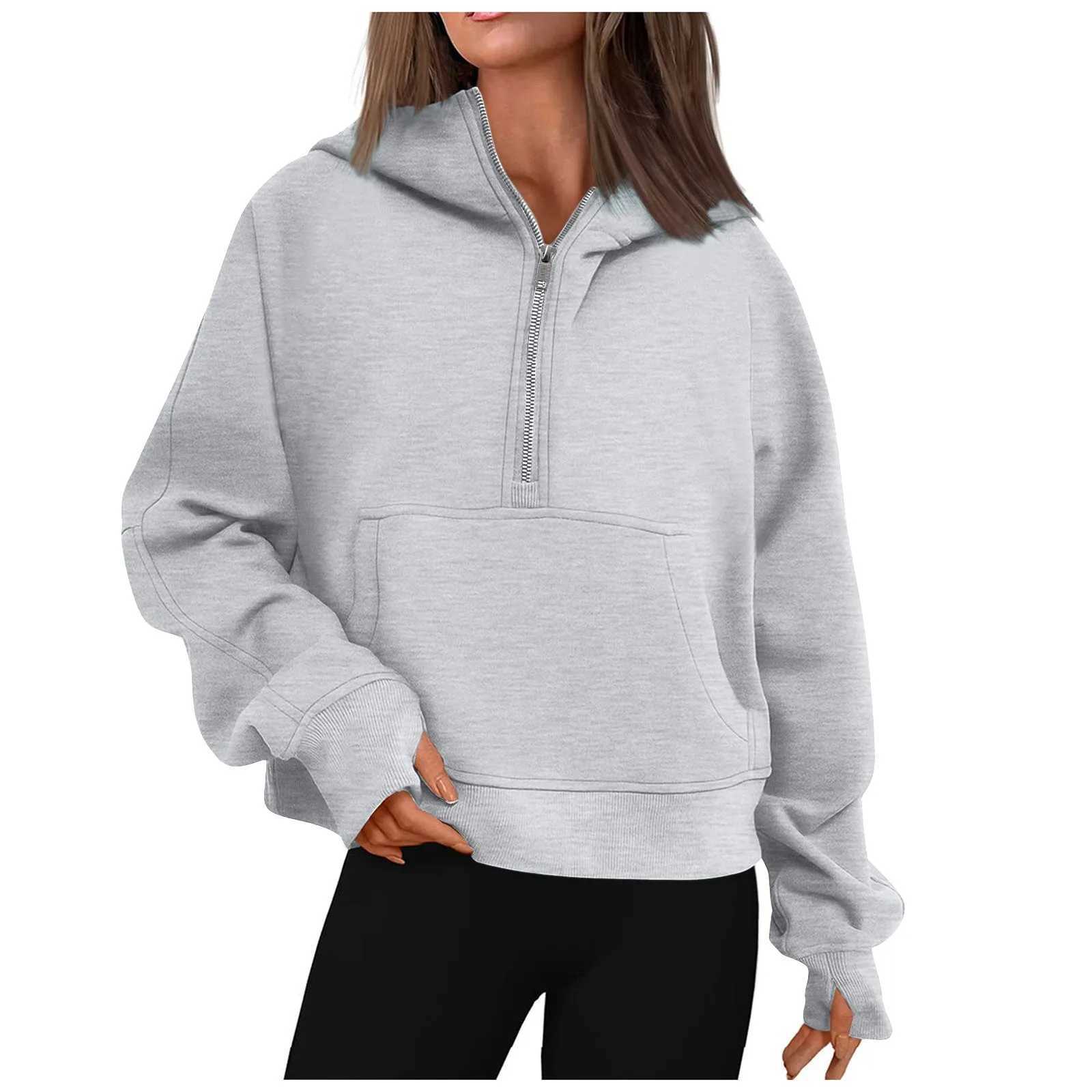 Autumn and Winter Womens Hoodies Solid Color Loose Short Half Zip Pockets Thumb Hole Long Sleeve Pullover SweatshirtsX241016