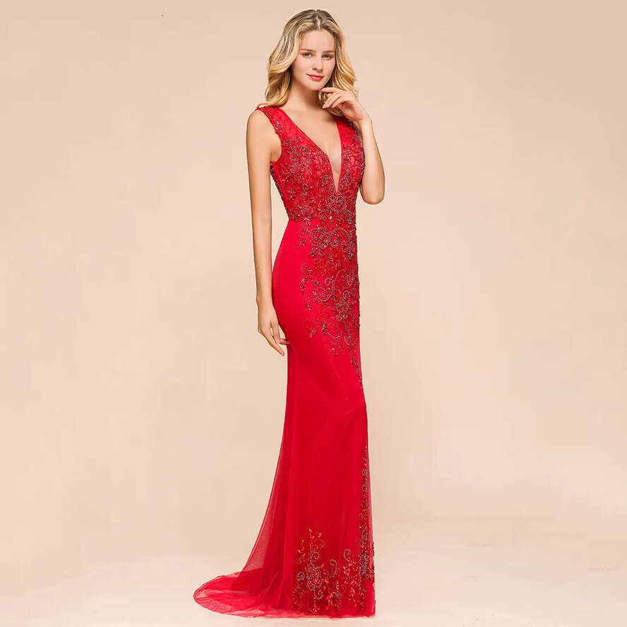 V Deep Red Sexy Neck Mermaid Sleeveless Lace Arabic Long Formal Party Bridesmaids Evening Prom Dresses Gown Bm1811
