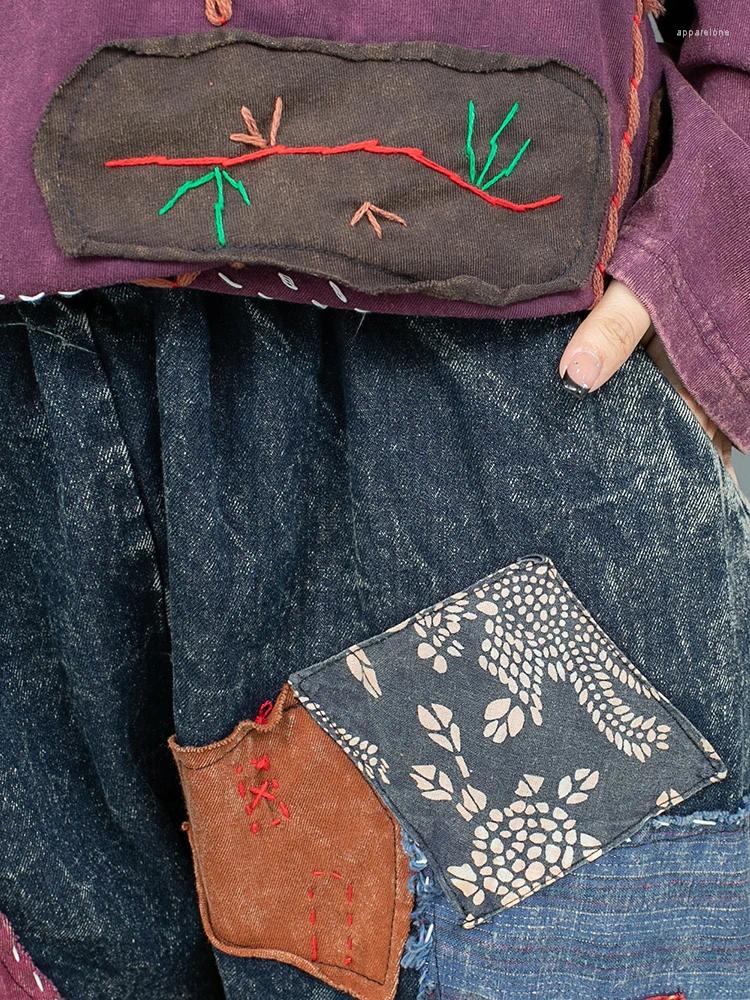 Womens Two Piece Pants Hand Embroidered Cloth Long Sleeve T-shirt Denim Harem Pant Set Women 2024 Autumn Loose Outfit LX2255