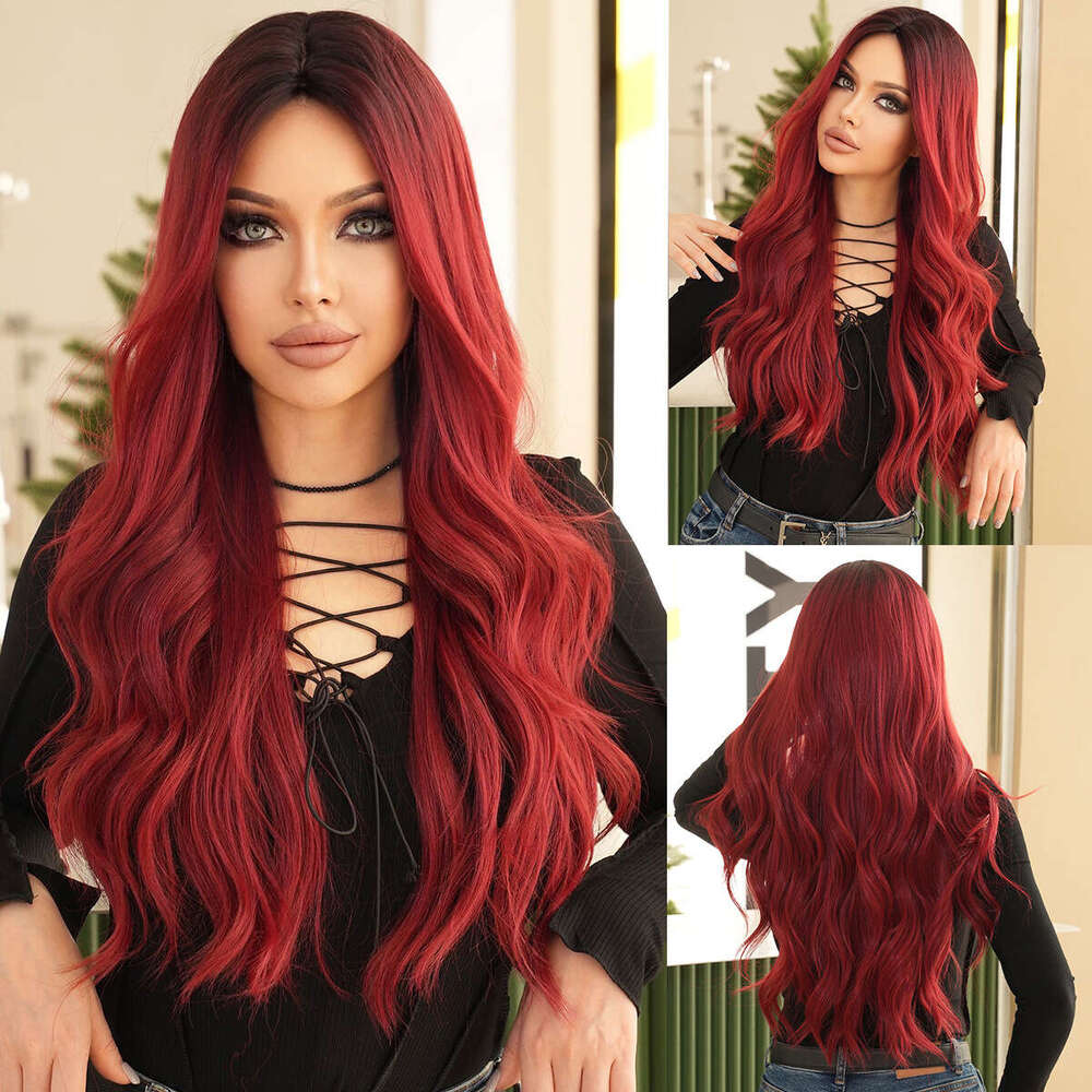Ladies' Wig Rose Long Curly Hair Big Wave Synthetic Nized Headset Ombre Red Wigs