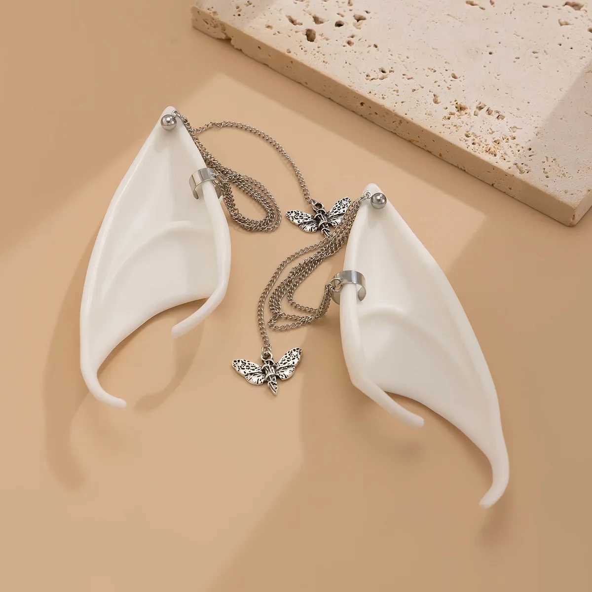 White elf tassel butterfly chain silicone ear clip earrings womens fashion jewelry minimalist accessories wholesale Halloween W241017