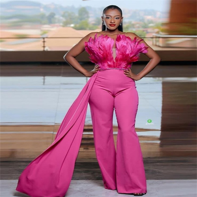 Hot Pink Jumpsuit Prom Dresses With Feather Graceful Pantsuit Formal Evening Dress For Black Girls Elegant African Robe De Mariee Beautiful Birthday P