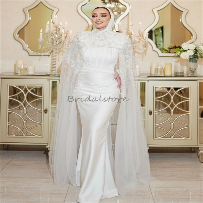 Graceful Mermaid Muslim Wedding Dresses 2025 Luxury Lace Caped Islamic Long Sleeve Bridal Dress Elegant Country Bride Dress Chic Civil Vestio De Novia