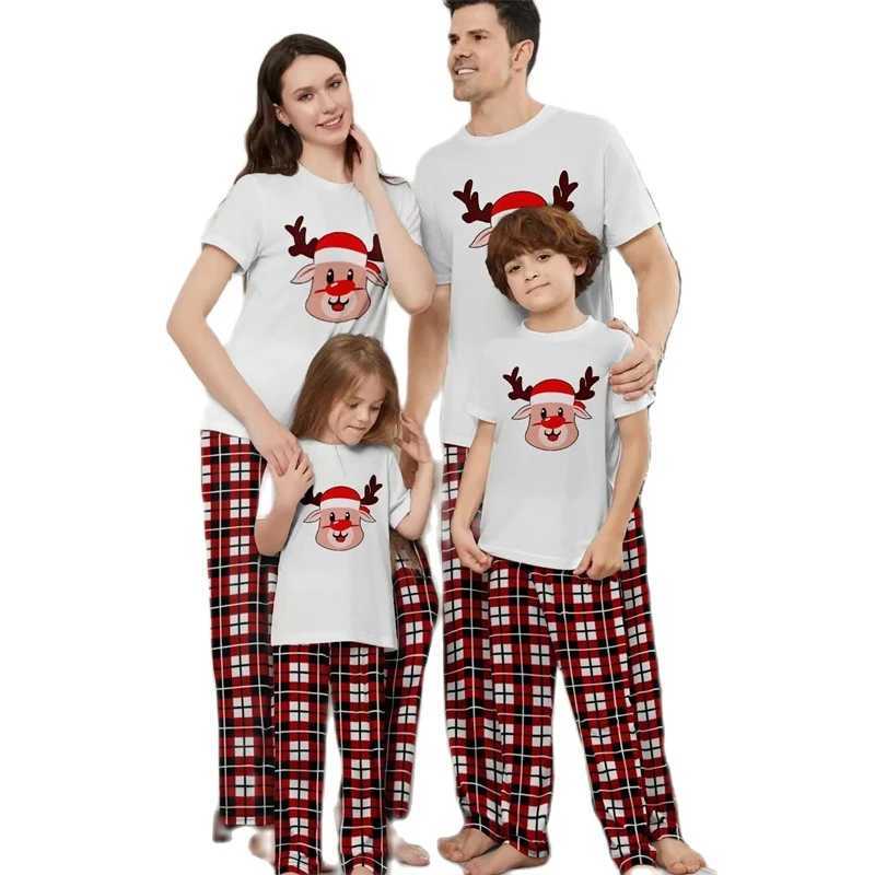 Short sleeved Christmas family matching set reindeer father mother childrens pajamas set checkered dad mom and me Christmas costume 2024 W241015