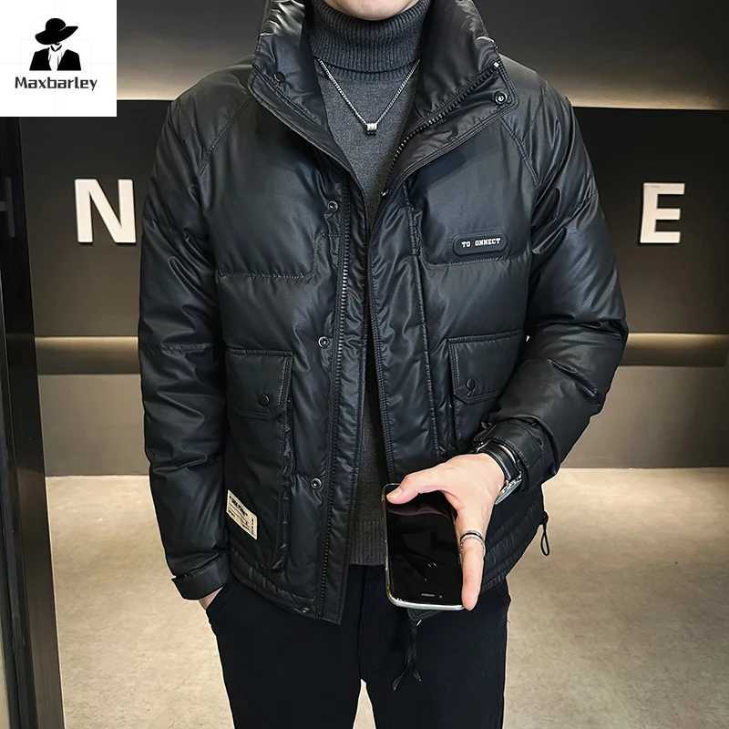 Mens winter down jacket shiny waterproof thick warm white duck down jacket casual stand up collar windproof short jacket X241017