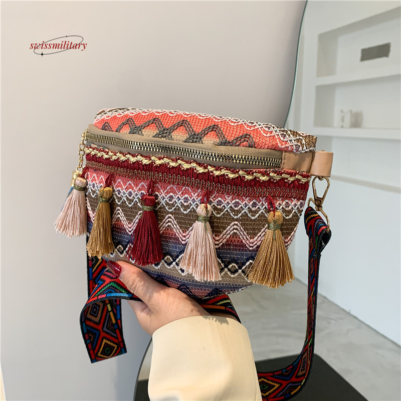 New Bohemian Ethnic Style Wide Strap Woven Versatile Tassel Bucket Oblique Straddle Single Shoulder Women's Bag #11 swissmilitary