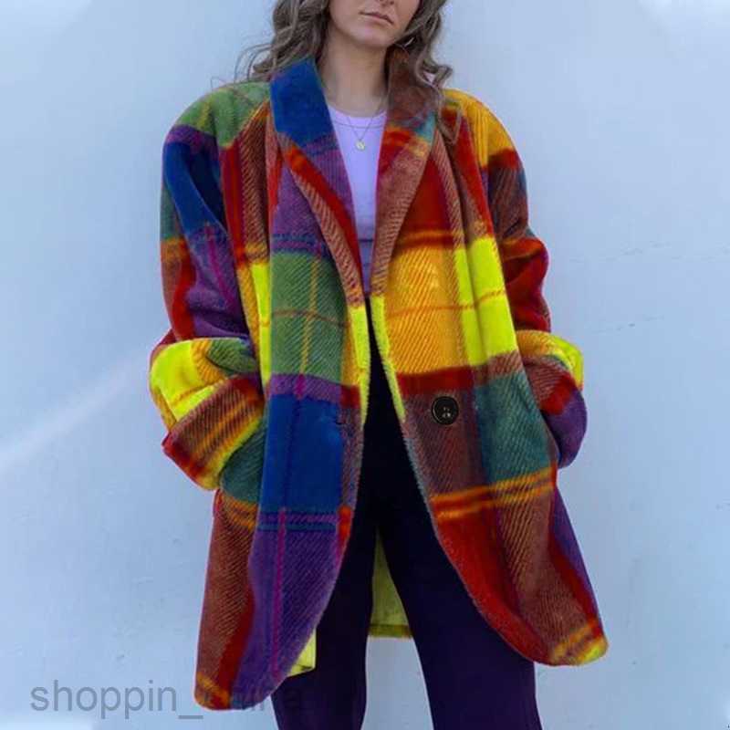 Women Jackets Coats autumn women's long sleeved lapel color blocked coat with printed woolen fabric long coat