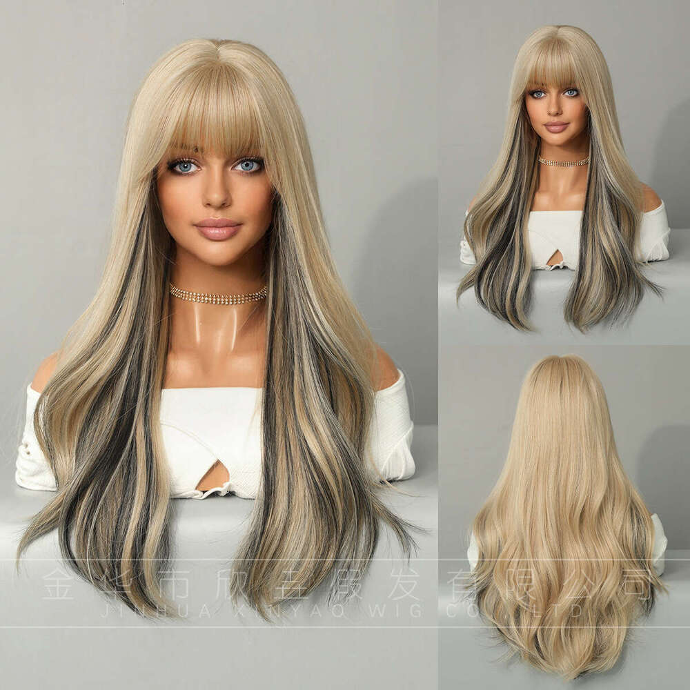 New Wig, Women's Long Curly Headband Style, Full Top Wind, Bangs, Highlights, Fashionable Big Wave Hair Cover