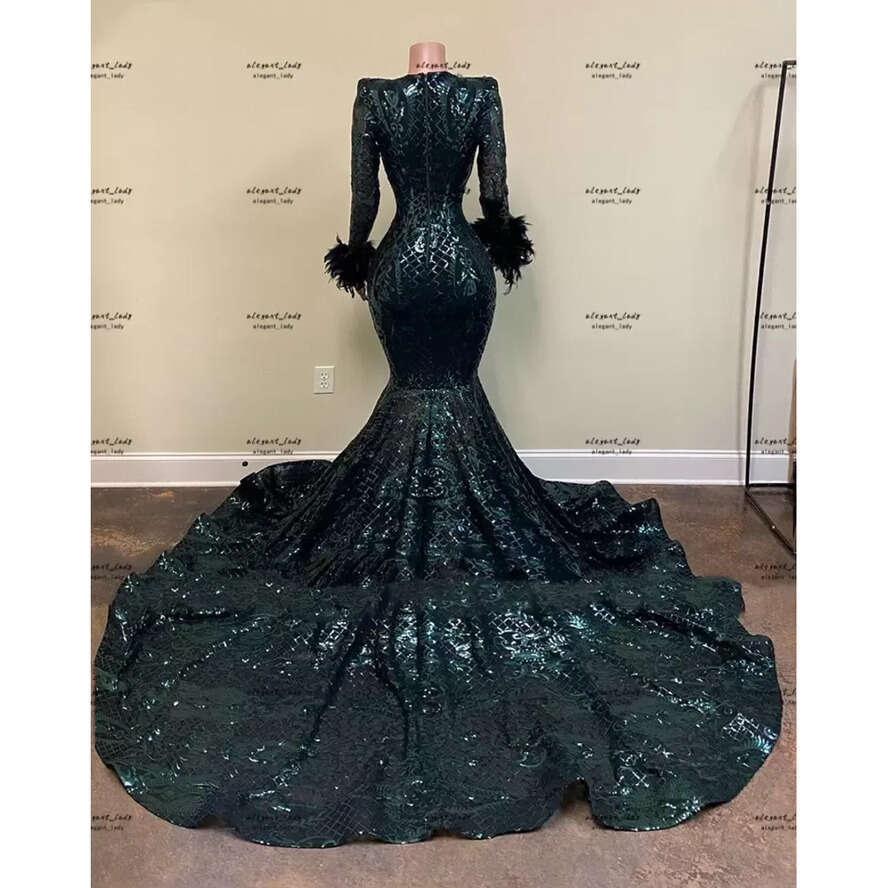 Hunter Aso Green Arabic Ebi Mermaid Evening Dresses With Long Sleeve Sparkly Sequin Wrist Feathers African Prom Engagement Gown Pro
