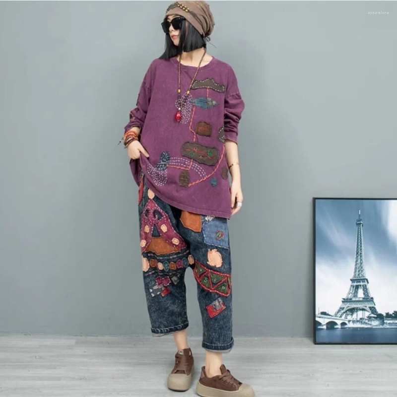 Womens Two Piece Pants Hand Embroidered Cloth Long Sleeve T-shirt Denim Harem Pant Set Women 2024 Autumn Loose Outfit LX2255