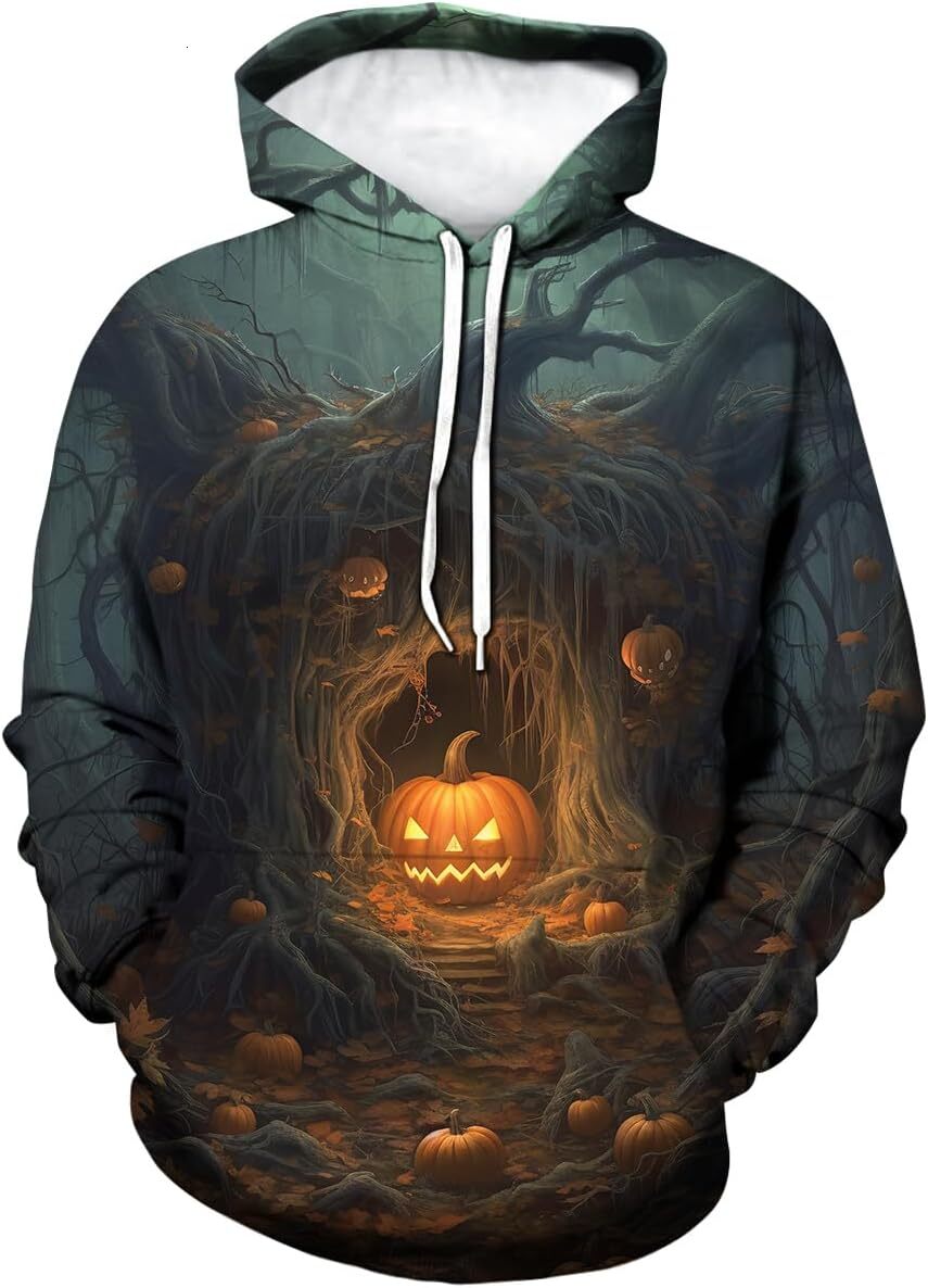 Hoodie for Mens Womens Novelty Halloween Pumpkin 3D Hooded Sweater Mens Loose Relaxed Hoodie Sweatshirts Pullover, Green Graphic Hoodies sweatshirt co