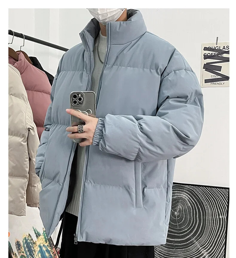 Winter Puffer Jacket Men Parkas Thick Warm Harajuku Coat Mens Stand Collar Solid Color Casual Parka Women Fashion Streetwear 241017