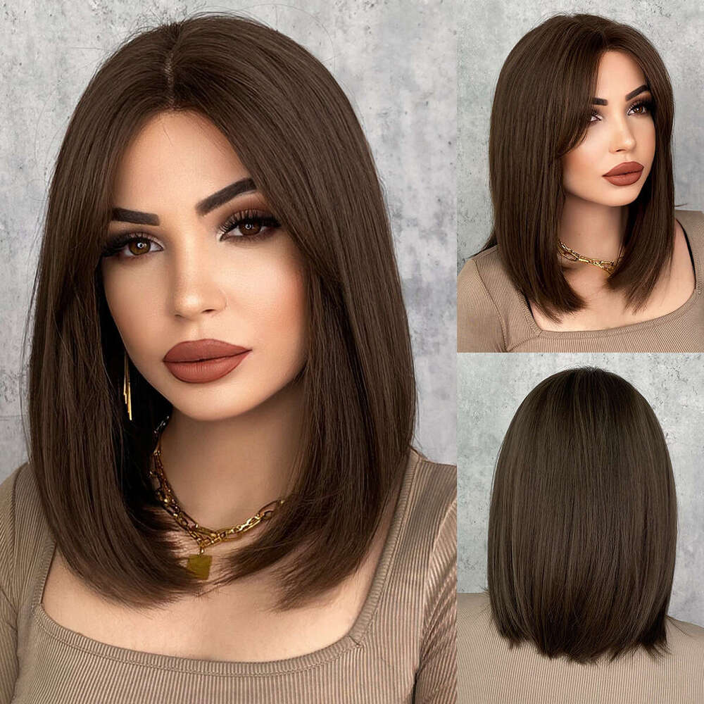 Ladies' Little T Front Wig Synthetic Full Headset Brown Short Straight Hair Mid Split Bob Lace Wigs