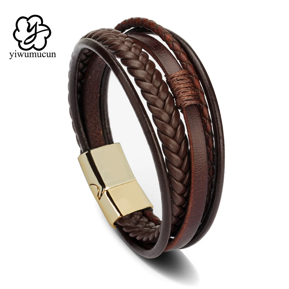 Trendy Leather Bracelets For Men Stainless Steel Bracelet 21Cm Multilayer Braided Rope Bracelets For Male Jewelry G