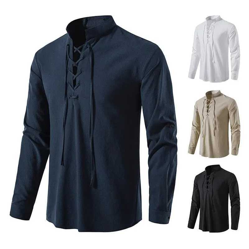 King Billion Mens Shirts Casual Men Cotton Linen Long Sleeve T-shirt Spring Autumn Vintage Shirt US Size Drawstring Neck LX241017