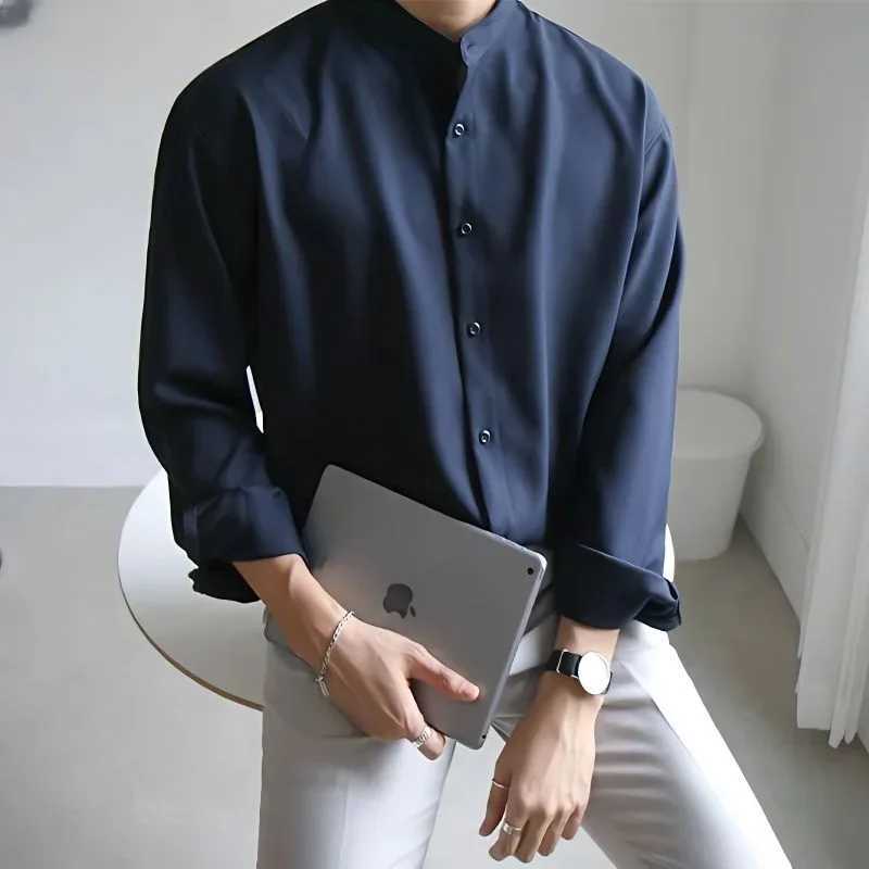 2023 Men Spring Autumn Fashion Stand Collar Solid Shirts Men Long Sleeve Business Casual Shirts Male New Loose Blouses I170 LX241017