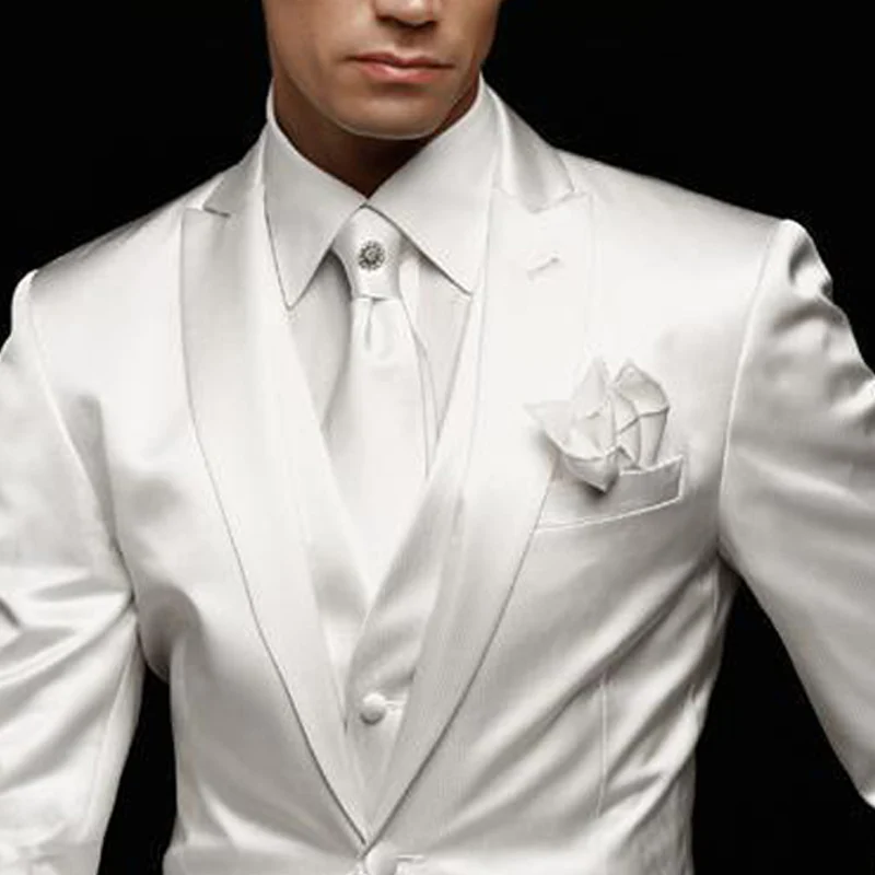 Formal Mens Suits Slim Fit For Wedding Groom Tuxedos 3 Pieces White Satin Male Fashion Costume Set Jacket With Pants Vest 2024