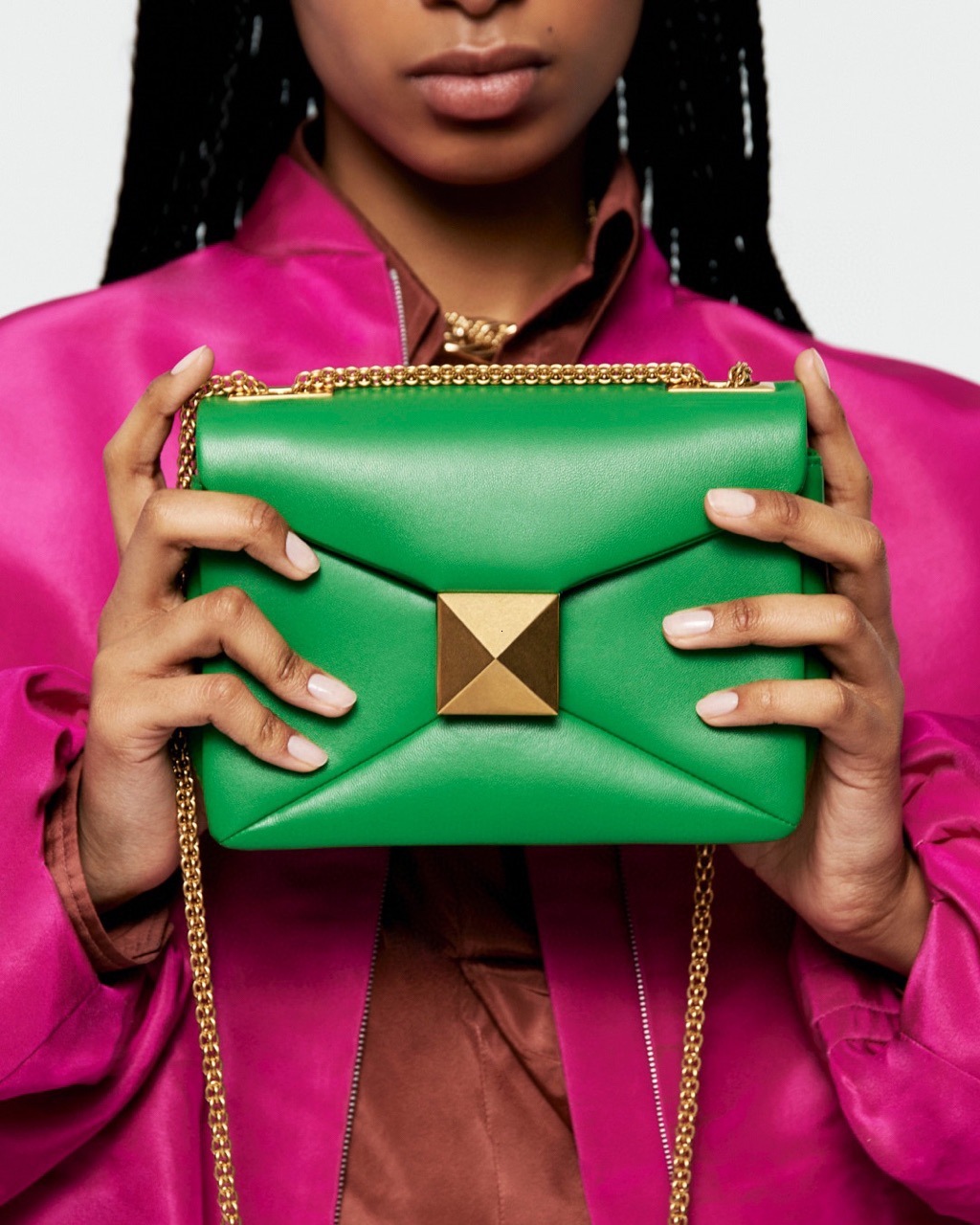 Cowhide Designer Leather Handbag Golden Big Rivet Chain Shoulder Small Purse Fashion Green Tote Bag Crossbody Women