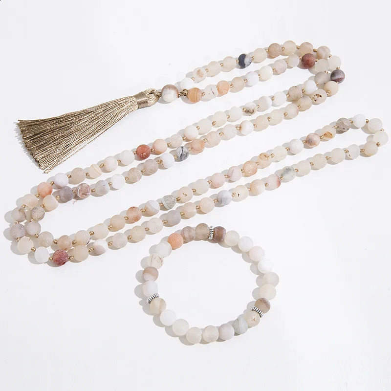 8mm Natural Open Smile Agate Bead Knot 108 Japanese Mara Necklace Meditation Yoga Bracelet Mara Saffron Rose Set 241017